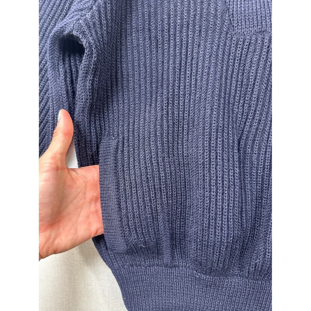 Vintage Elvstrom Italy Navy Blue‎ Wool Shawl Collar Sweater Green Trim medium